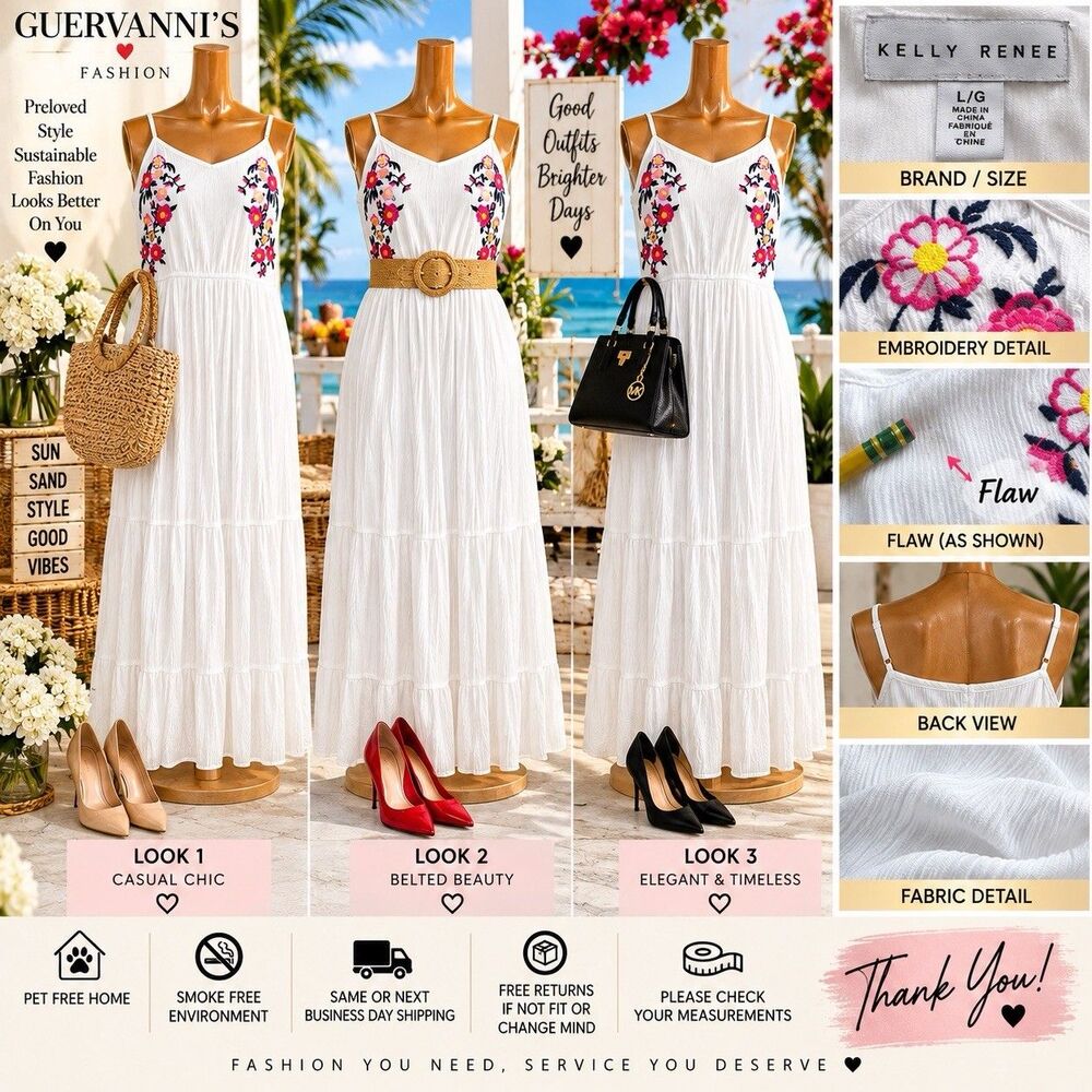 Kelly Renee maxi dress women's size L white/pink embroidery Bohemian Boho Cottag